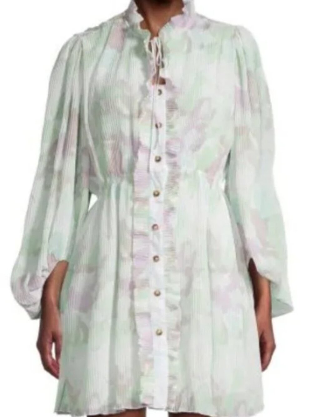 Avantlook Pleated Floral Plissé Ruffle Mini Dress Whispering Pastels  Size S